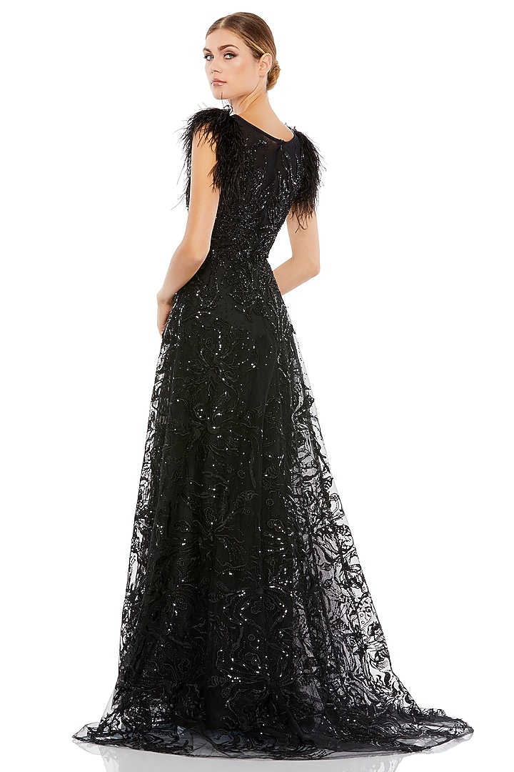 Black Embroidered Fabric Bateau A-Line Wedding Gown by Mac Duggal at Pernia's Pop Up Shop