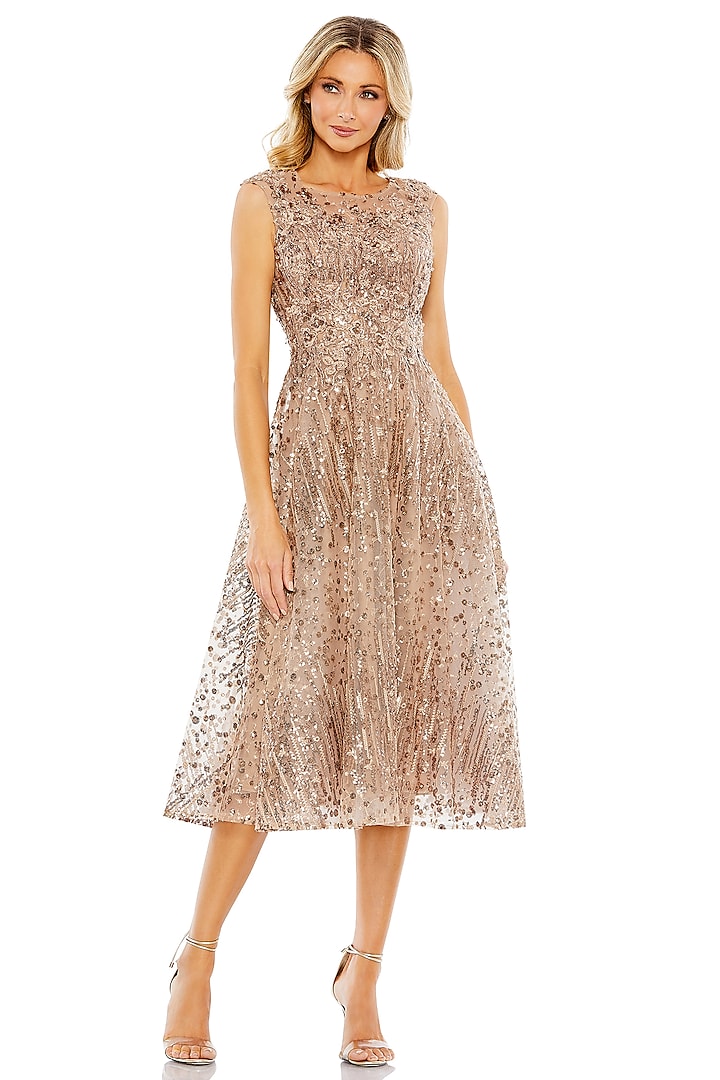 Bronze Embroidered Fabric Midi Flared Dress by Mac Duggal at Pernia's Pop Up Shop