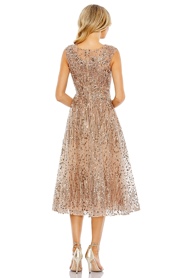 Bronze Embroidered Fabric Midi Flared Party Wear Dress by Mac Duggal at Pernia's Pop Up Shop