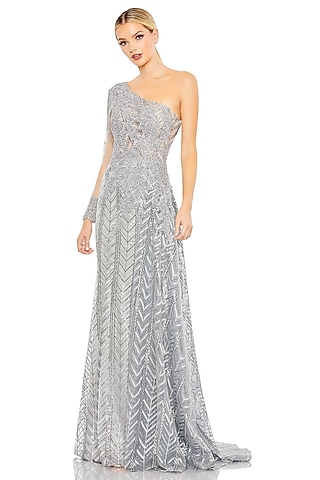 Platinum Mesh Embellished One-Shoulder A-Line Gown by Mac Duggal