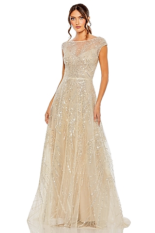 Nude Silver Net Embellished A-Line Gown by Mac Duggal