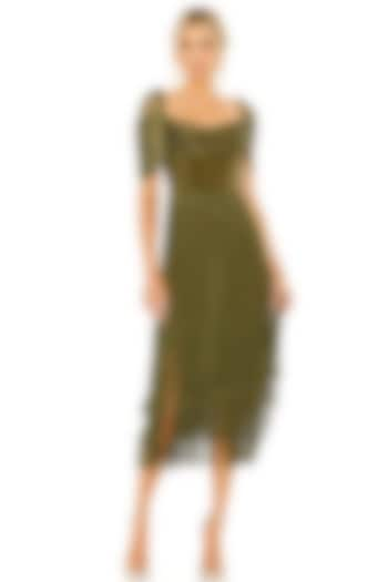 Olive Green Jersey Fringed Midi Dress by Mac Duggal at Pernia's Pop Up Shop