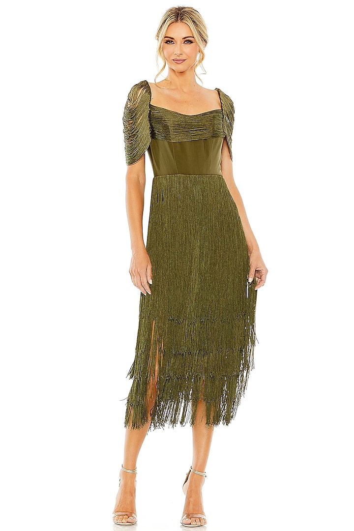 Olive Green Jersey Fringed Midi Dress by Mac Duggal at Pernia's Pop Up Shop