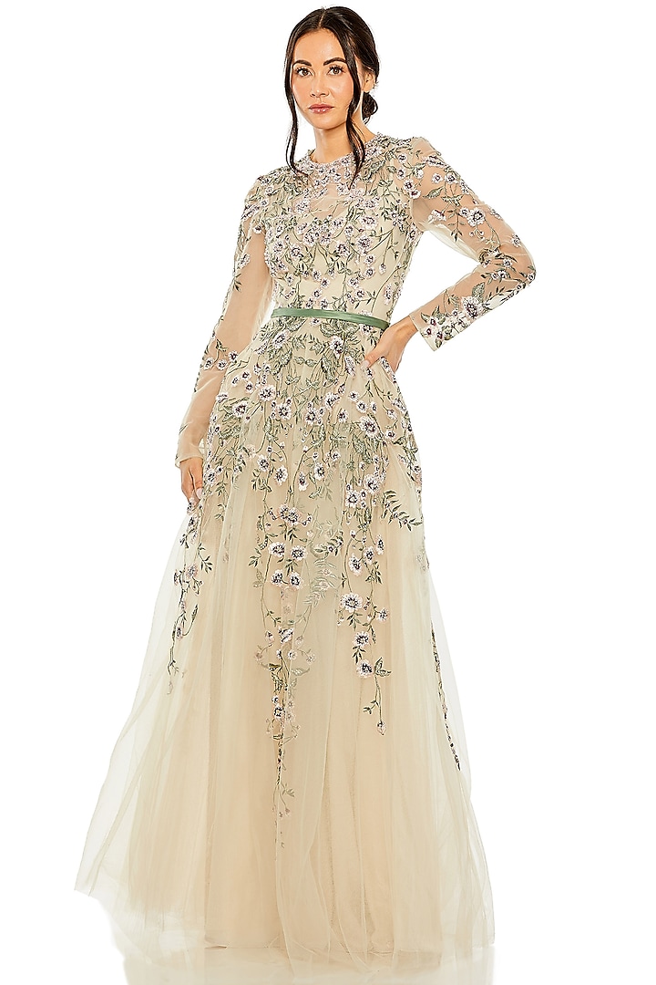 Sage Green Tulle Embellished Gown by Mac Duggal at Pernia's Pop Up Shop