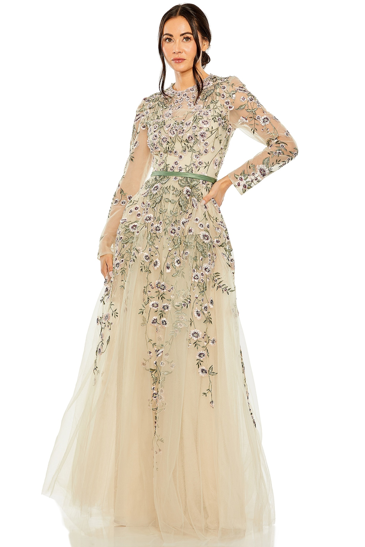 Sage Green Tulle Embellished Gown by Mac Duggal at Pernia's Pop Up Shop 2026