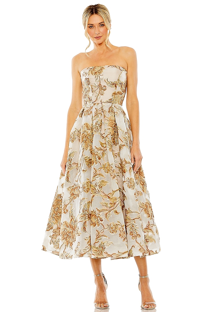 White & Bronze Brocade Printed Midi Dress by Mac Duggal at Pernia's Pop Up Shop