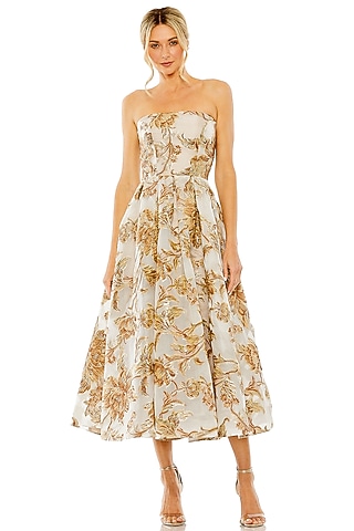 White & Bronze Brocade Printed Midi Dress by Mac Duggal