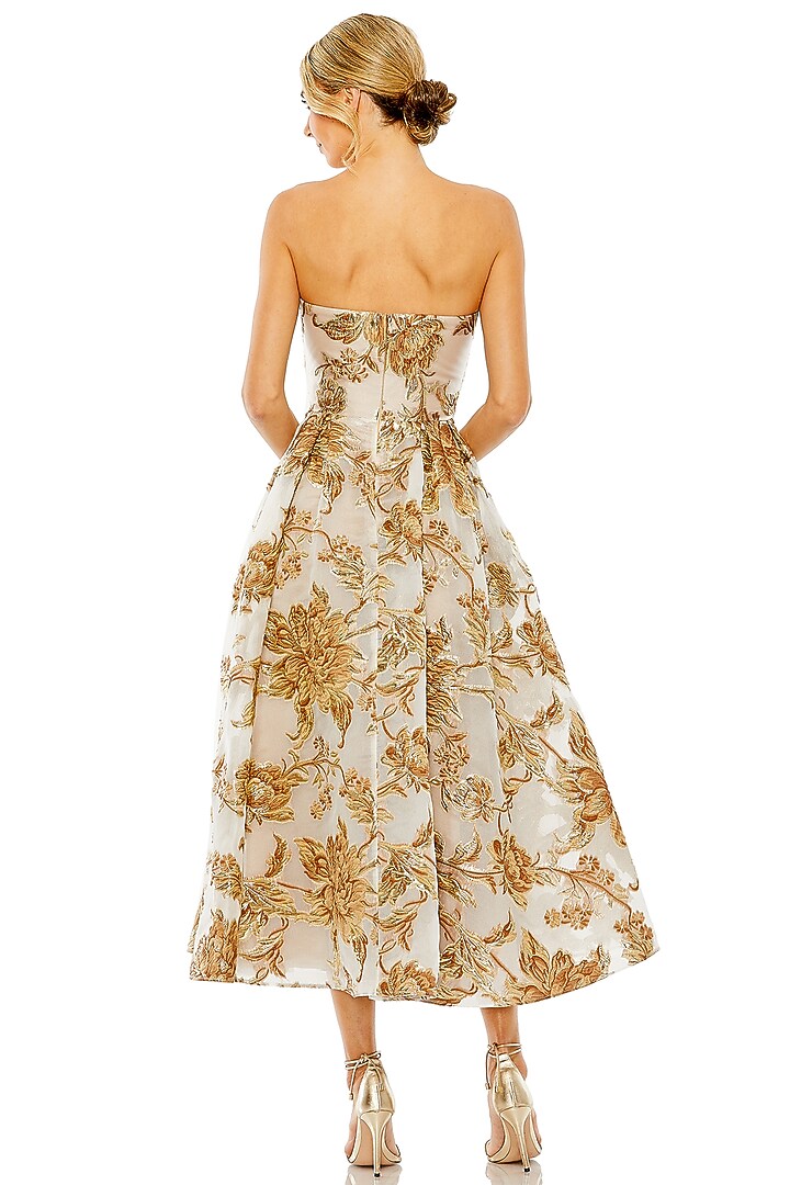 White & Bronze Brocade Printed Midi Party Wear Dress by Mac Duggal at Pernia's Pop Up Shop