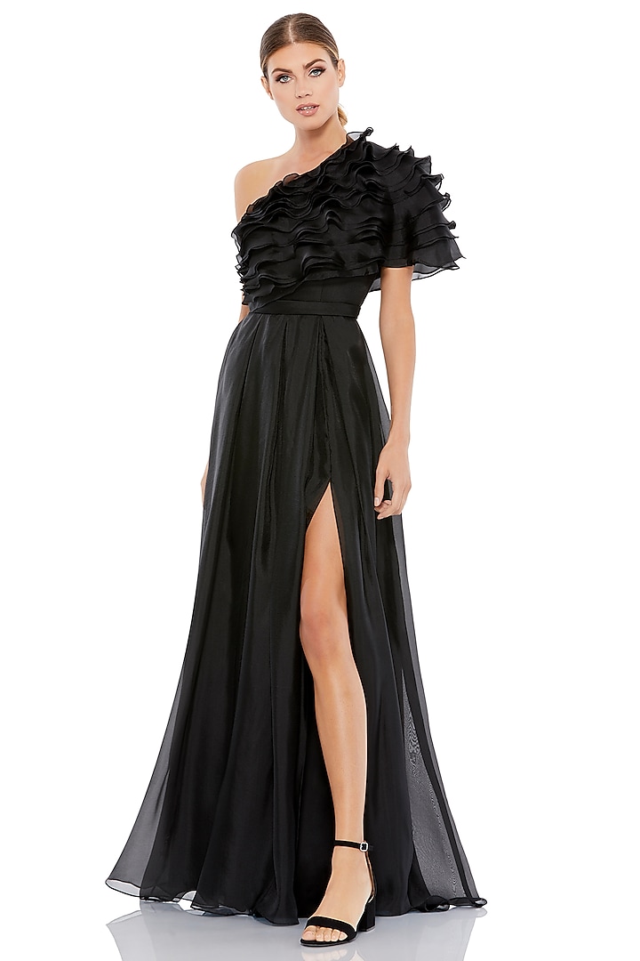 Black Chiffon One-Shoulder Gown by Mac Duggal at Pernia's Pop Up Shop