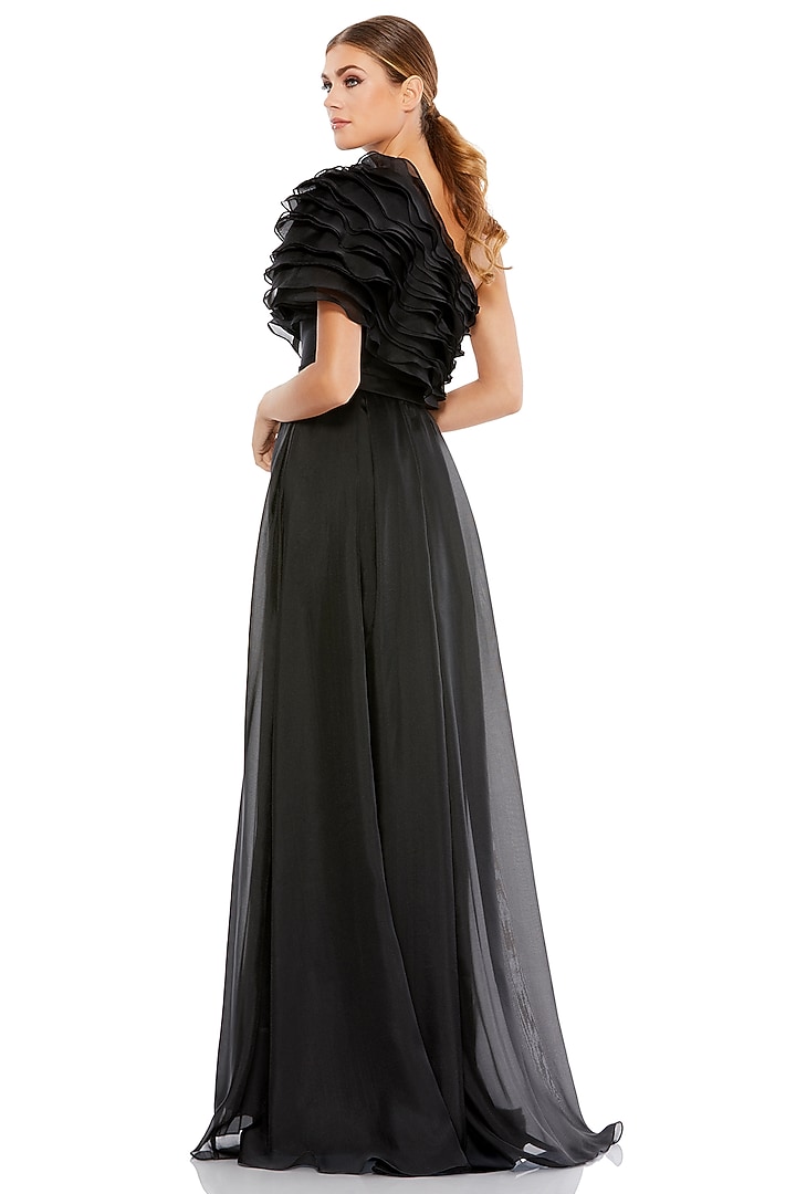 Black Chiffon One-Shoulder Engagement Gown by Mac Duggal at Pernia's Pop Up Shop