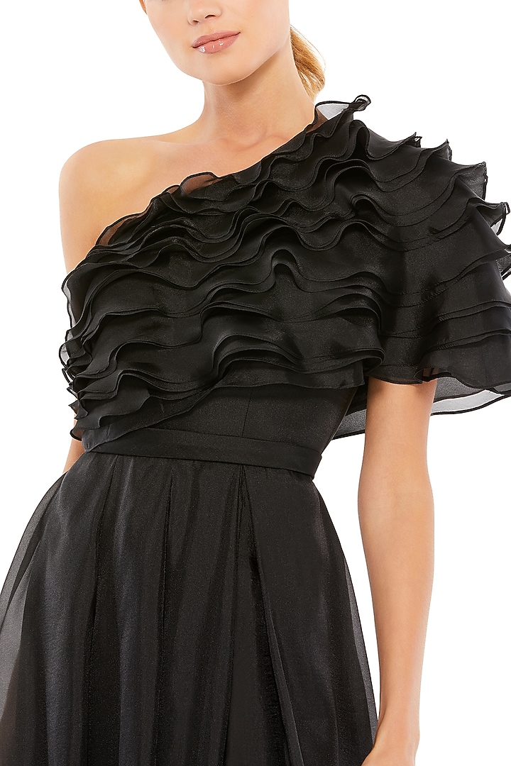 Black Chiffon One-Shoulder Engagement Gown by Mac Duggal at Pernia's Pop Up Shop
