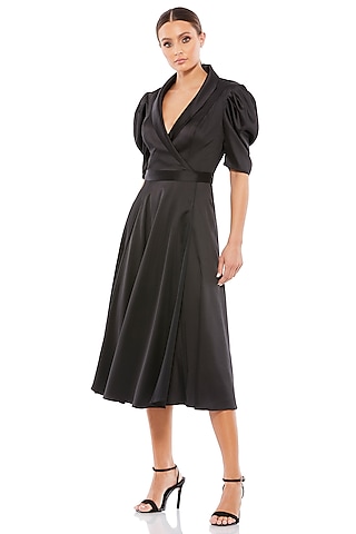 Black Satin & Charmeuse Midi Dress by Mac Duggal