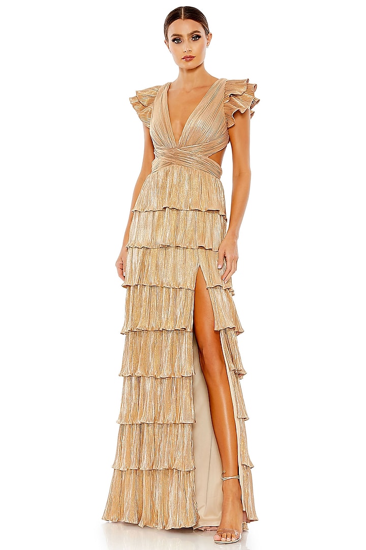 Gold Stretch Satin Tiered Ruffled Gown by Mac Duggal at Pernia's Pop Up Shop