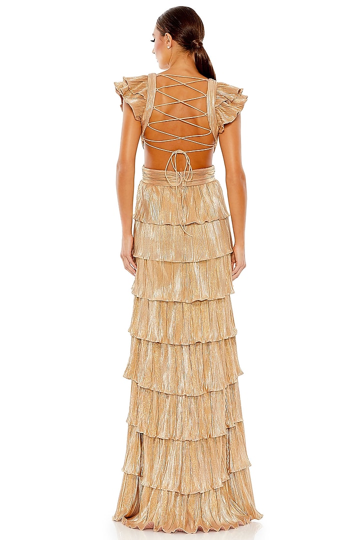 Gold Stretch Satin Tiered Ruffled Engagement Gown by Mac Duggal at Pernia's Pop Up Shop