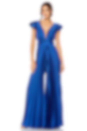 Cobalt Blue Charmeuse & Satin Pleated Jumpsuit by Mac Duggal