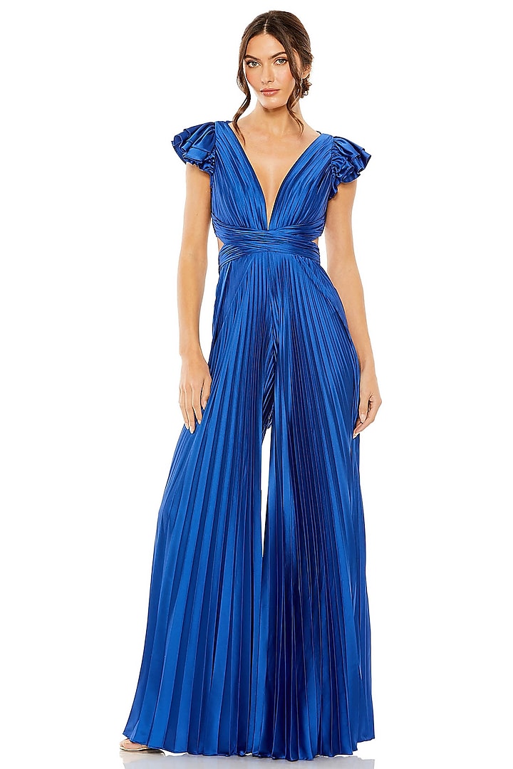 Cobalt Blue Charmeuse & Satin Pleated Jumpsuit by Mac Duggal
