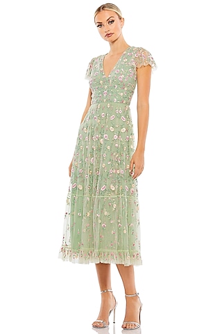 Sage Green Mesh Embroidered Midi Dress by Mac Duggal