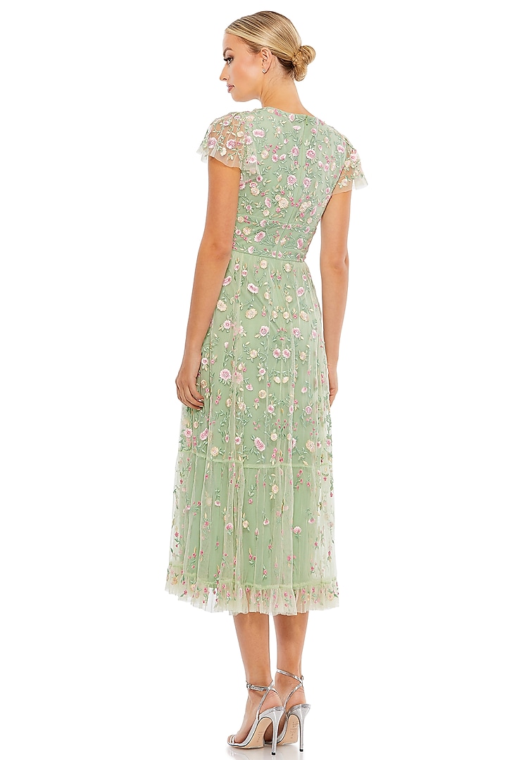 Sage Green Mesh Embroidered Midi Dress by Mac Duggal at Pernia's Pop Up  Shop 2026