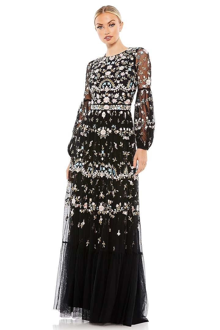 Black Mesh Embroidered Gown by Mac Duggal at Pernia's Pop Up Shop