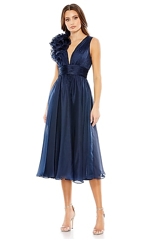 Midnight Blue Chiffon Midi Dress by Mac Duggal