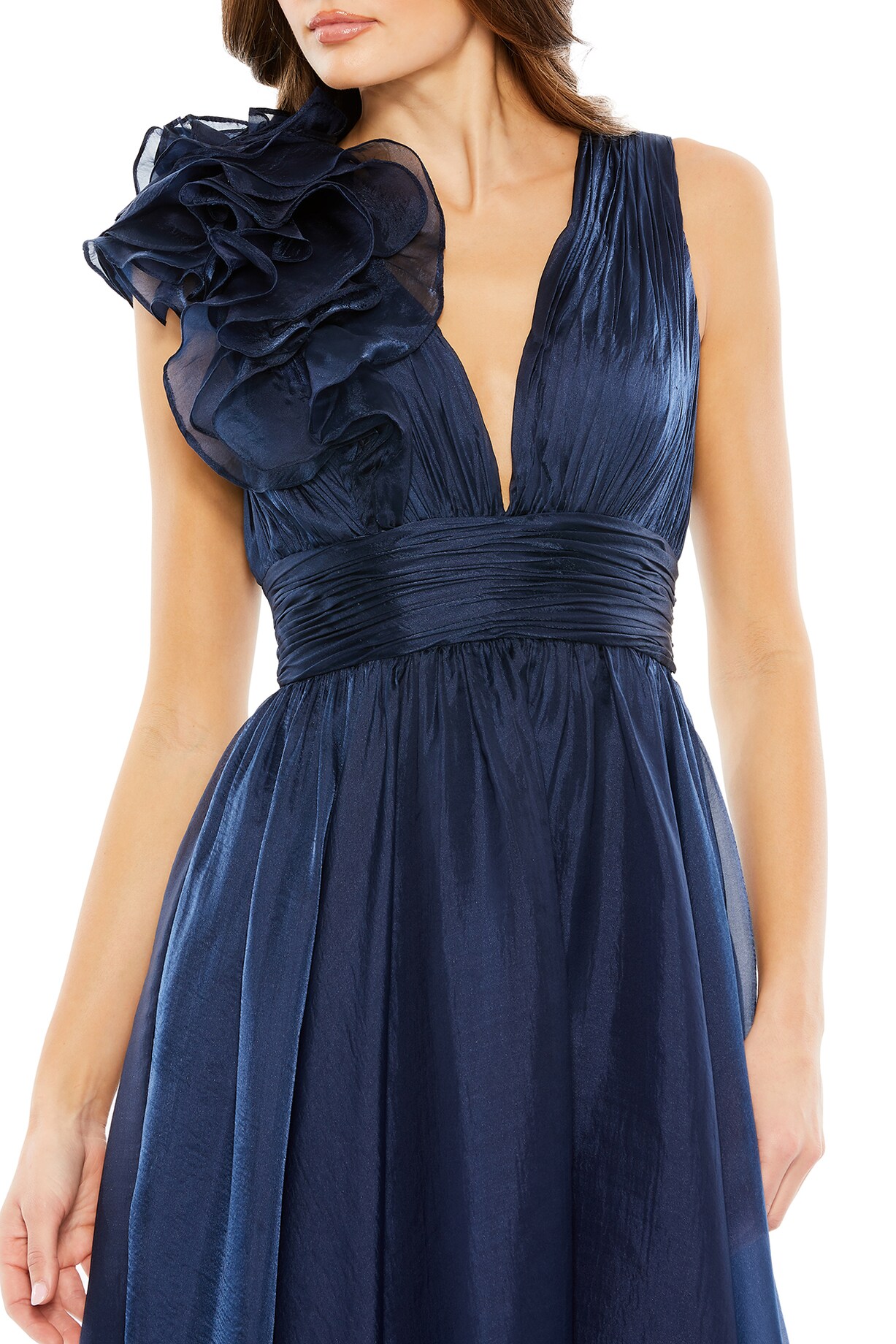 Midnight Blue Chiffon Midi Dress by Mac Duggal at Pernia's Pop Up Shop 2026