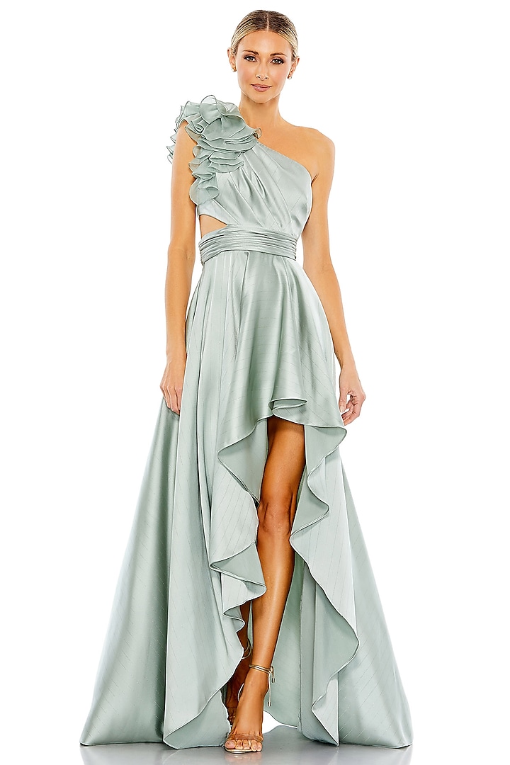 Sage Green Metallic One-Shoulder Ruffled Gown by Mac Duggal