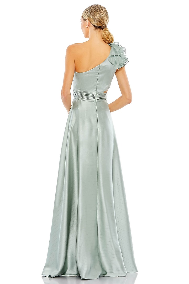 Sage Green Metallic One-Shoulder Ruffled Gown by Mac Duggal at Pernia's Pop  Up Shop 2026
