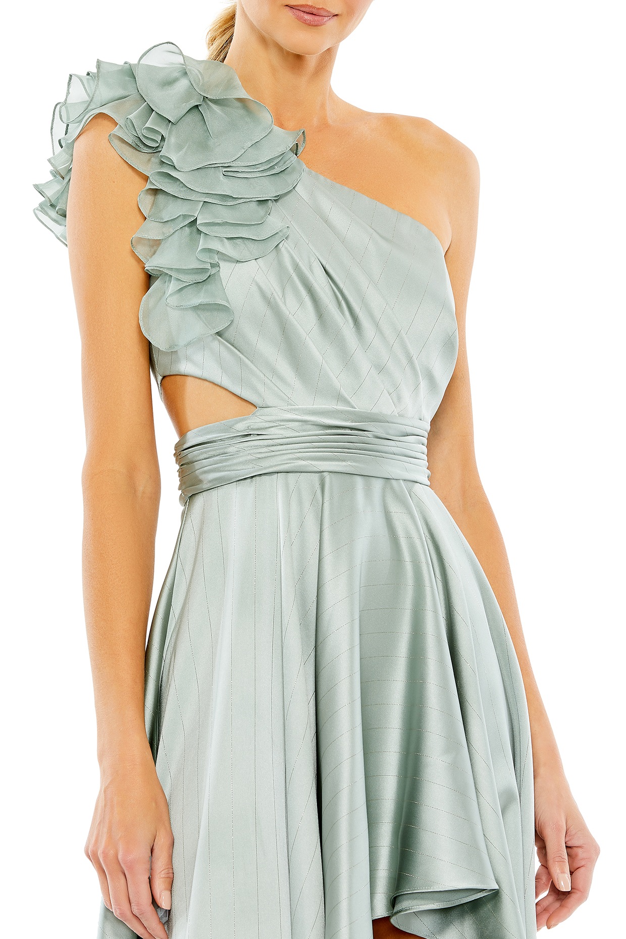Sage Green Metallic One-Shoulder Ruffled Gown by Mac Duggal