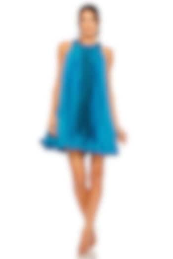 Ocean Blue Satin Pleated Halter Mini Trapeze Dress by Mac Duggal at Pernia's Pop Up Shop