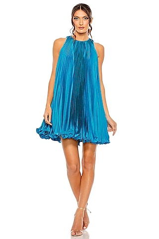 Ocean Blue Satin Pleated Halter Mini Trapeze Dress by Mac Duggal