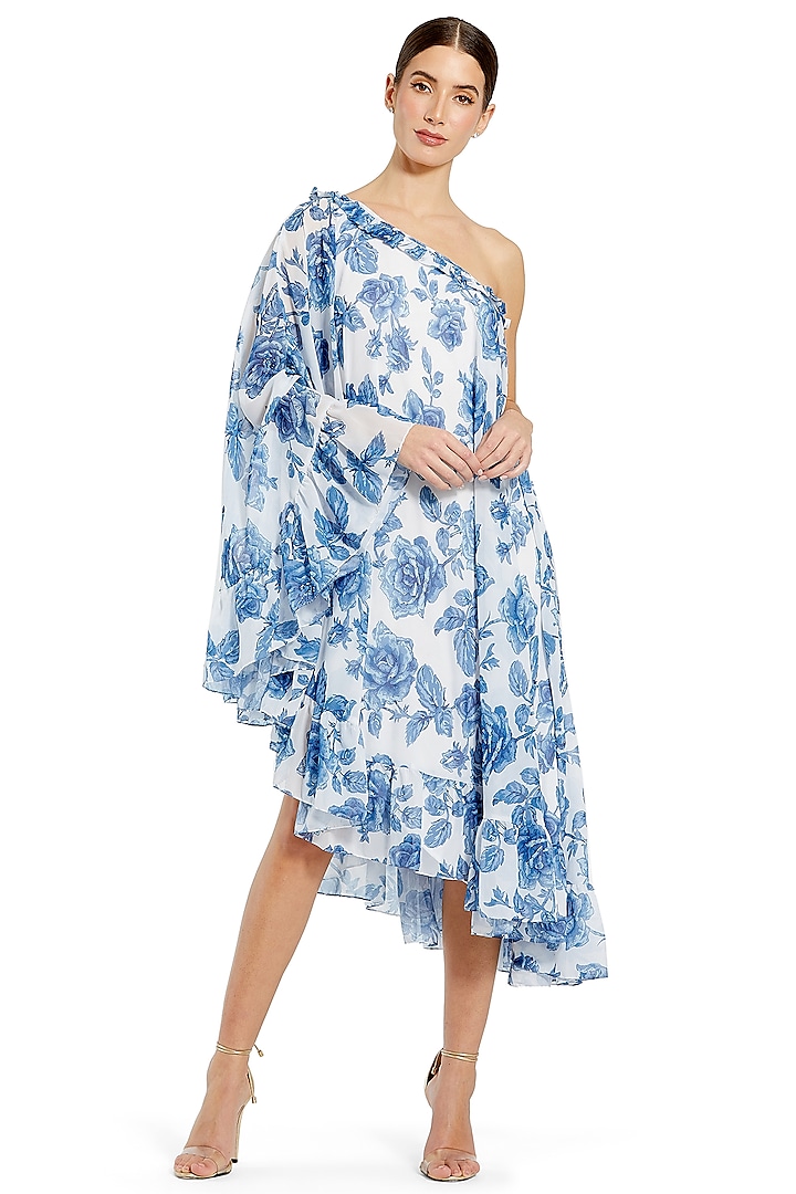 White Chiffon Floral Printed One-Shoulder Cape Dress by Mac Duggal at Pernia's Pop Up Shop