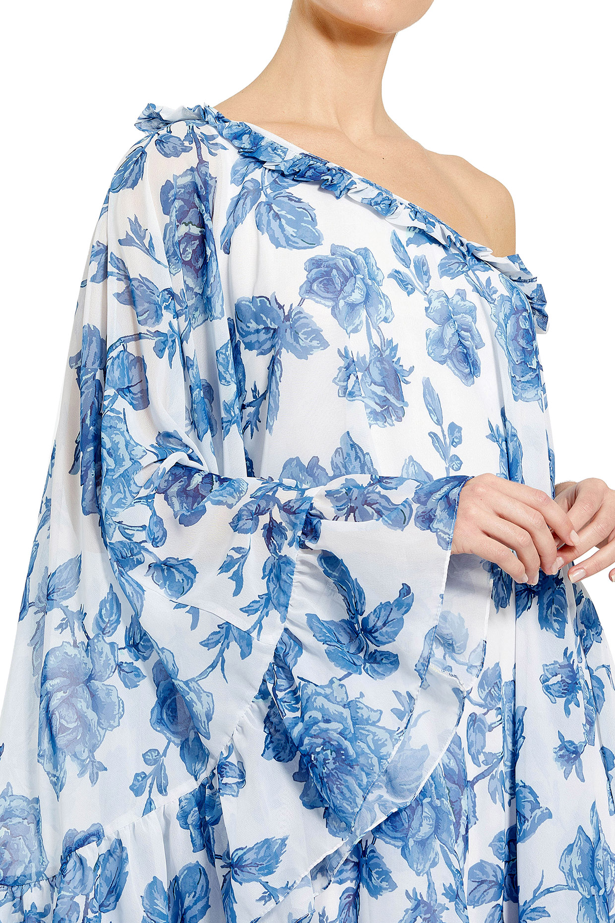 White Chiffon Floral Printed One-Shoulder Cape Dress by Mac