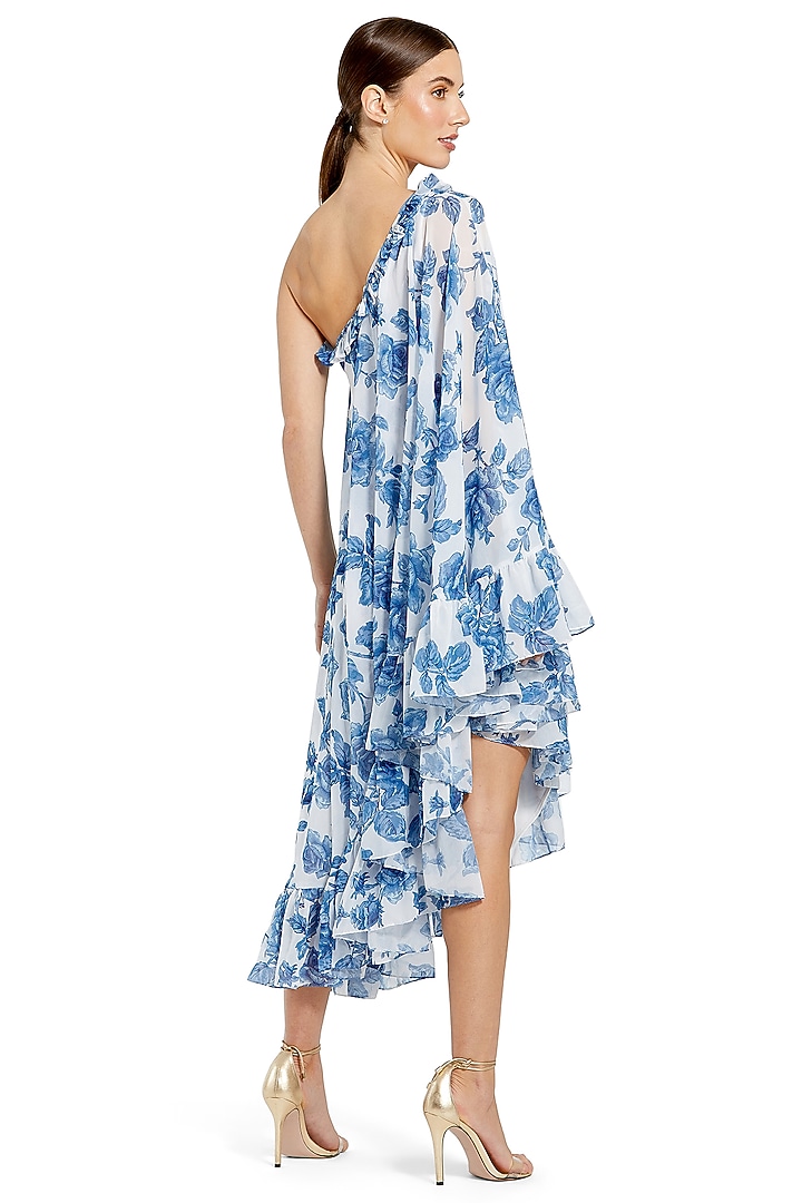 White Chiffon Floral Printed One-Shoulder Cape Cocktail Dress by Mac Duggal at Pernia's Pop Up Shop