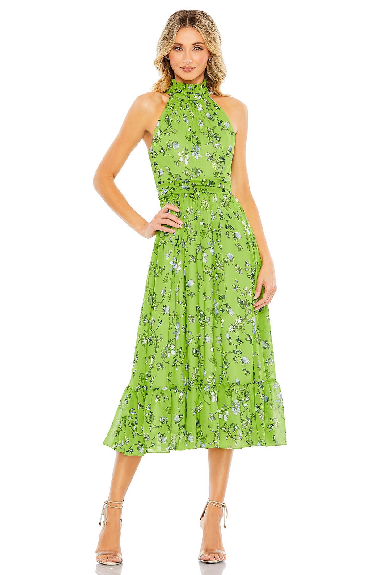 Sage Green Chiffon Floral Printed A-Line Halter Midi Dress