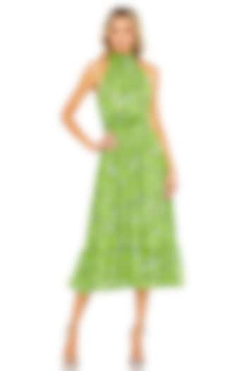 Sage Green Chiffon Floral Printed A-Line Halter Midi Dress by Mac Duggal at Pernia's Pop Up Shop