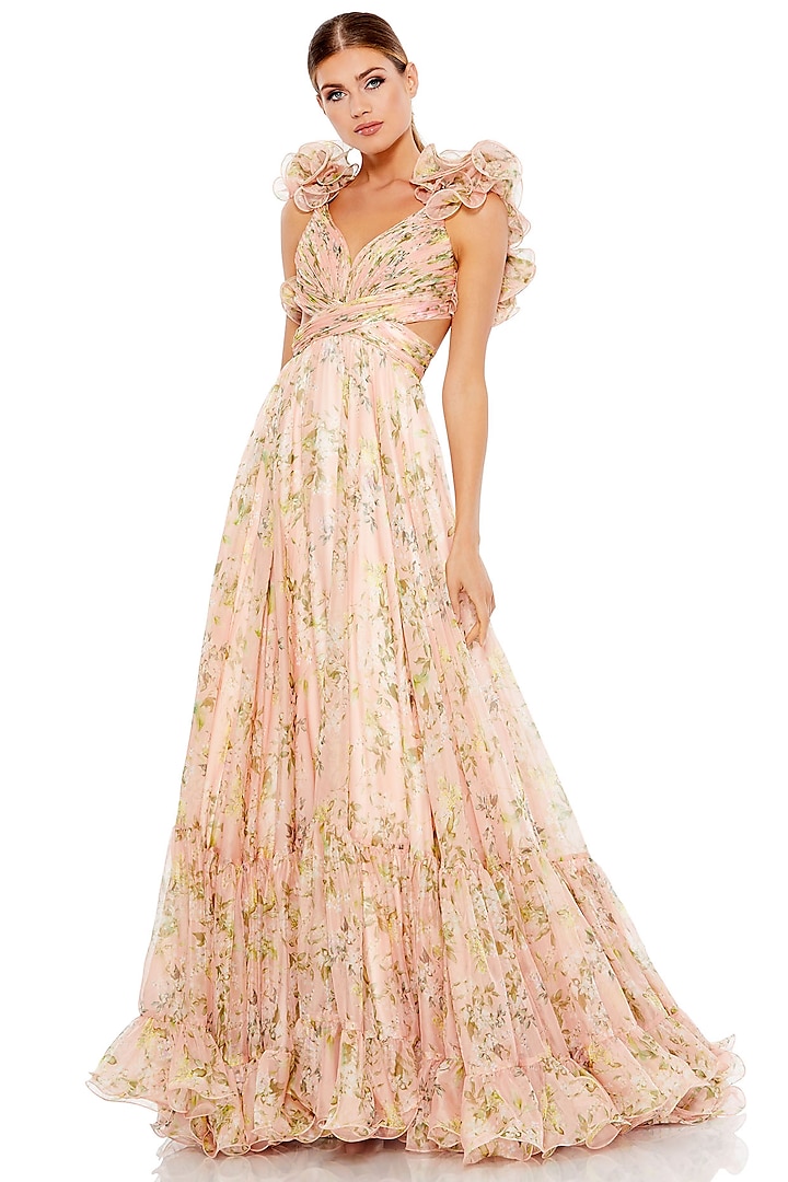 Pink Chiffon Floral Printed Tiered Cut-Out Gown by Mac Duggal