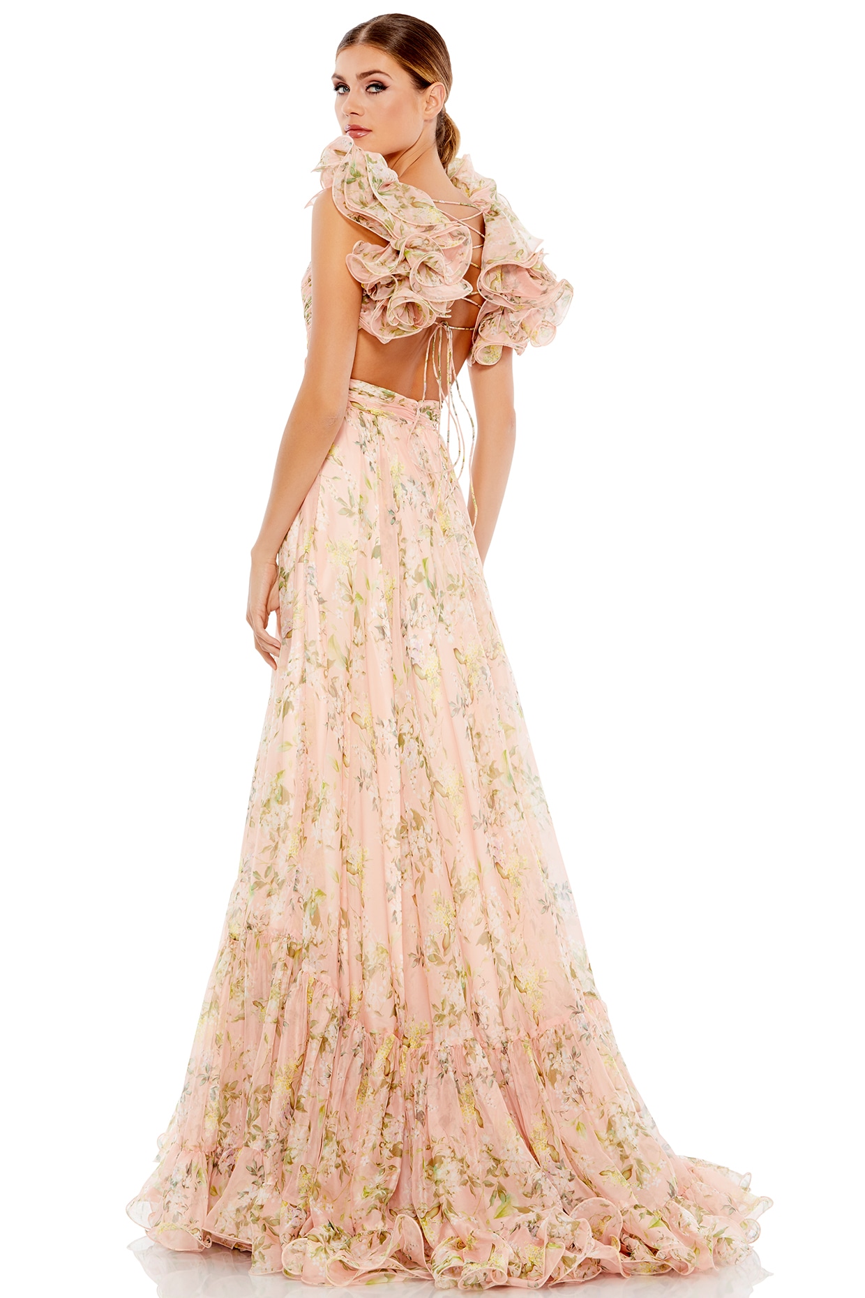 Pink Chiffon Floral Printed Tiered Cut-Out Gown Design by Mac Duggal at  Pernia's Pop Up Shop 2024