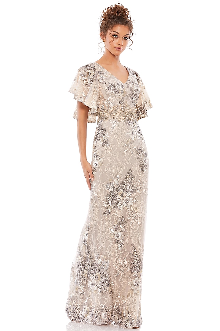 Taupe Mesh Floral Embellished Gown by Mac Duggal at Pernia's Pop Up Shop