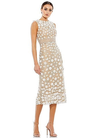 Ivory Nude Mesh Floral Applique Embellished Midi Dress by Mac Duggal