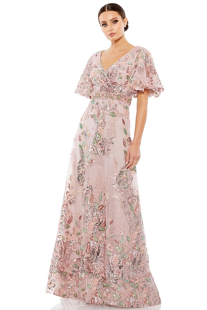 Rose Pink Mesh Floral Embellished Gown by Mac Duggal at Pernia's Pop Up Shop