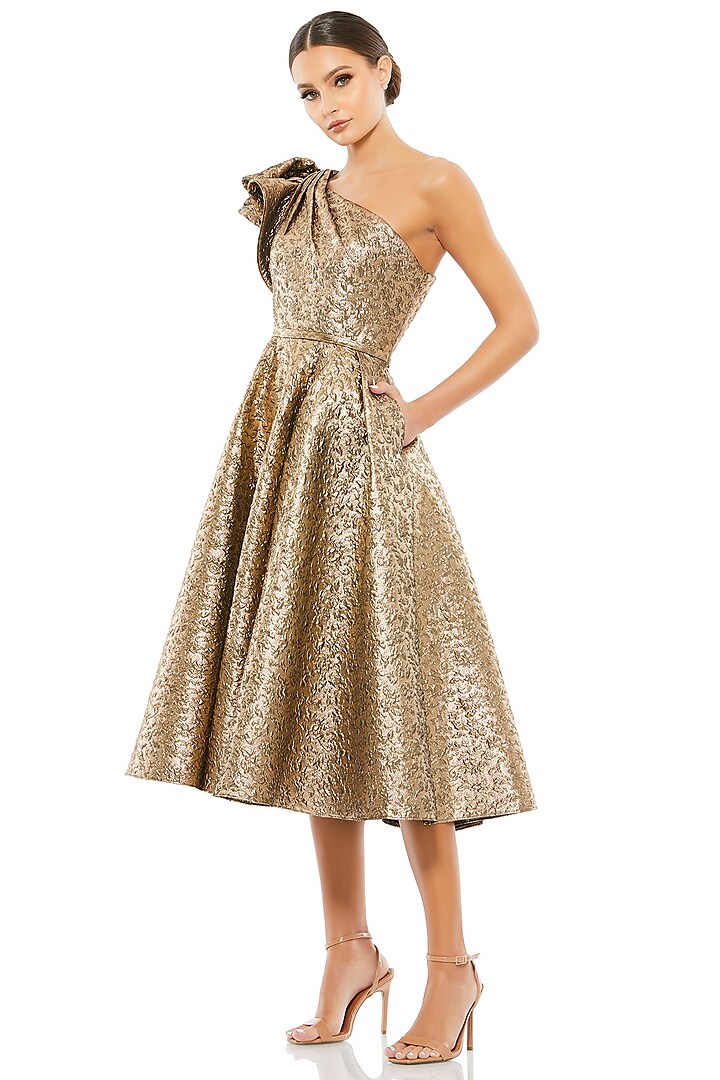 Antique Bronze Brocade One-Shoulder Mini Bow Dress by Mac Duggal at Pernia's Pop Up Shop