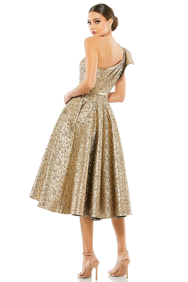 Antique Bronze Brocade One-Shoulder Mini Bow Party Wear Dress by Mac Duggal at Pernia's Pop Up Shop