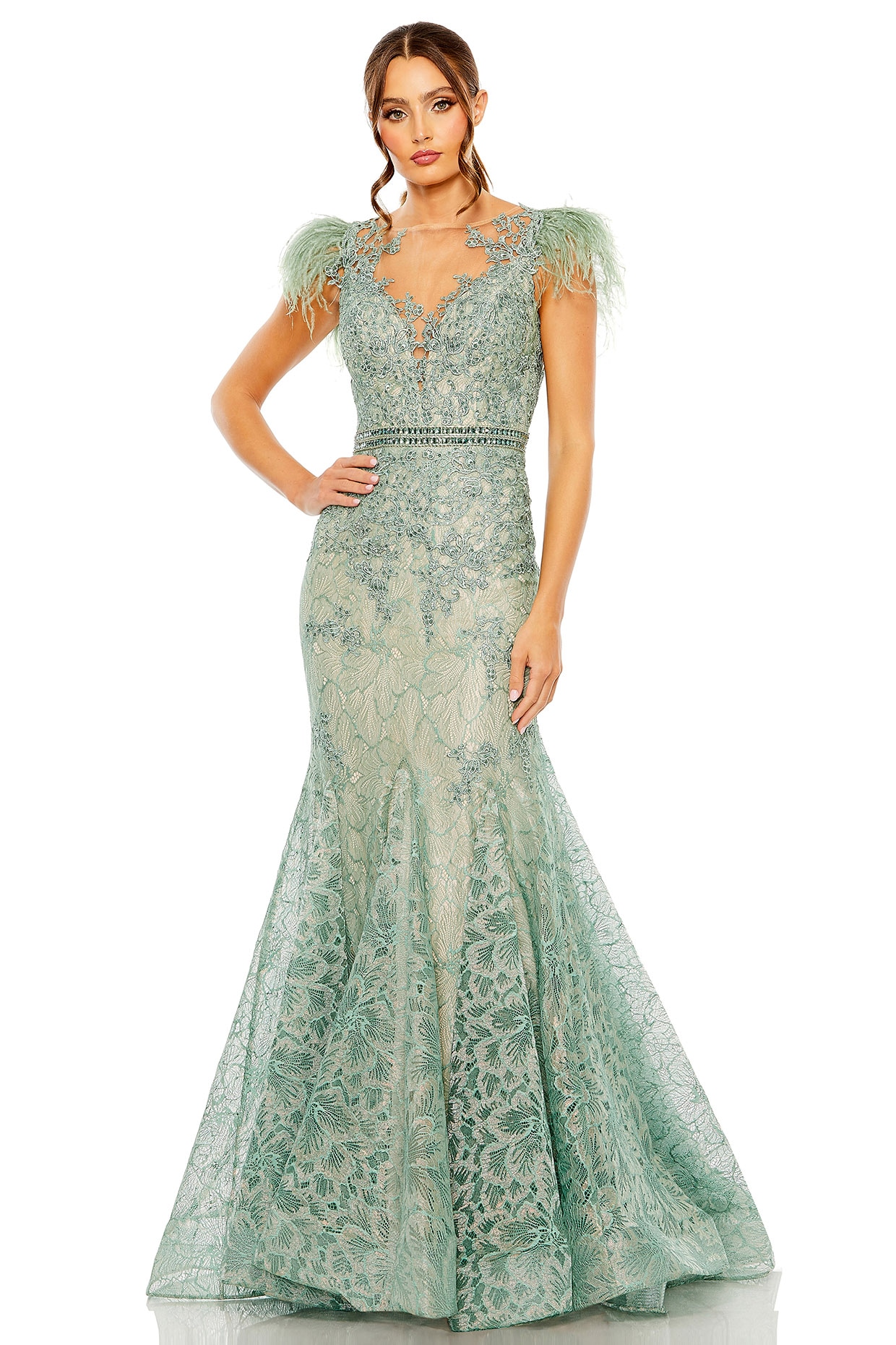 Sage Green Lace Embellished Mermaid Gown by Mac Duggal at Pernia s Pop Up Shop