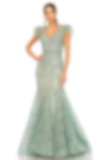 Sage Green Lace Embellished Mermaid Gown by Mac Duggal at Pernia's Pop Up Shop