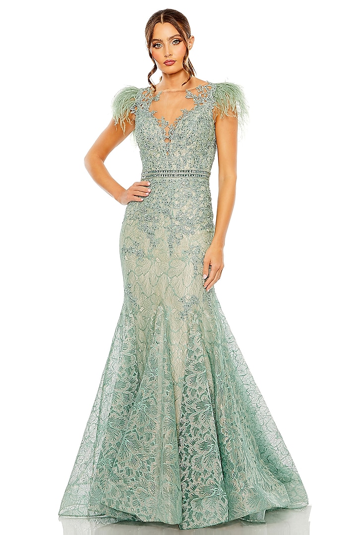 Sage Green Lace Embellished Mermaid Gown by Mac Duggal at Pernia's Pop Up Shop