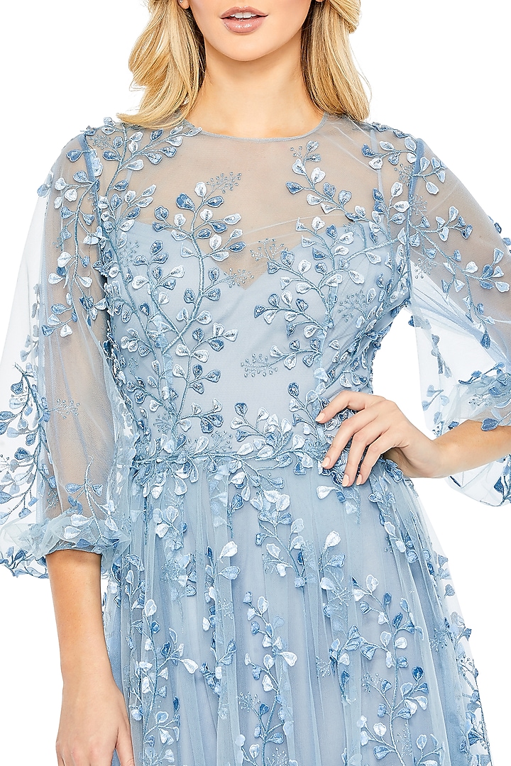 Blue Mesh Embroidered A-Line Wedding Gown by Mac Duggal at Pernia's Pop Up Shop