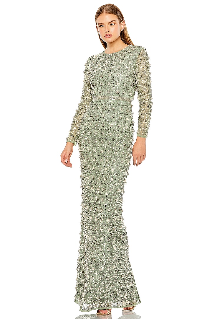 Jade Green Mesh Beads Embroidered Gown by Mac Duggal at Pernia's Pop Up Shop