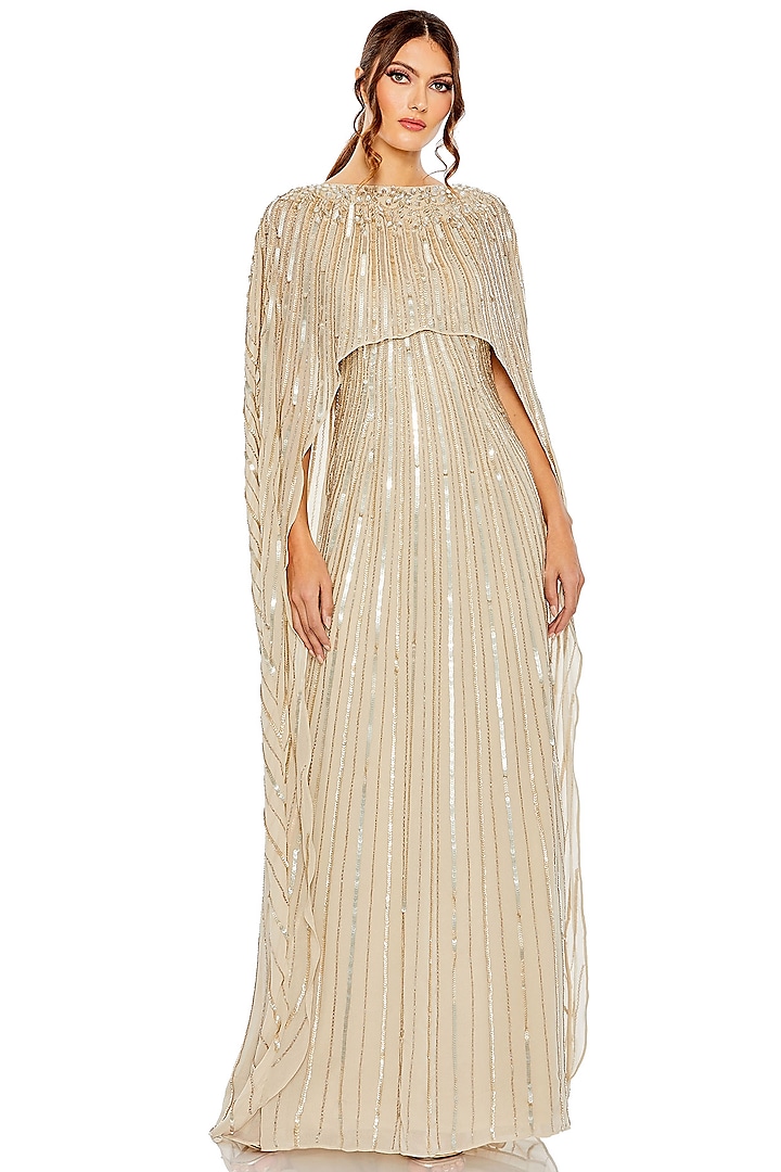 Champagne Mesh Embellished Cape Gown by Mac Duggal