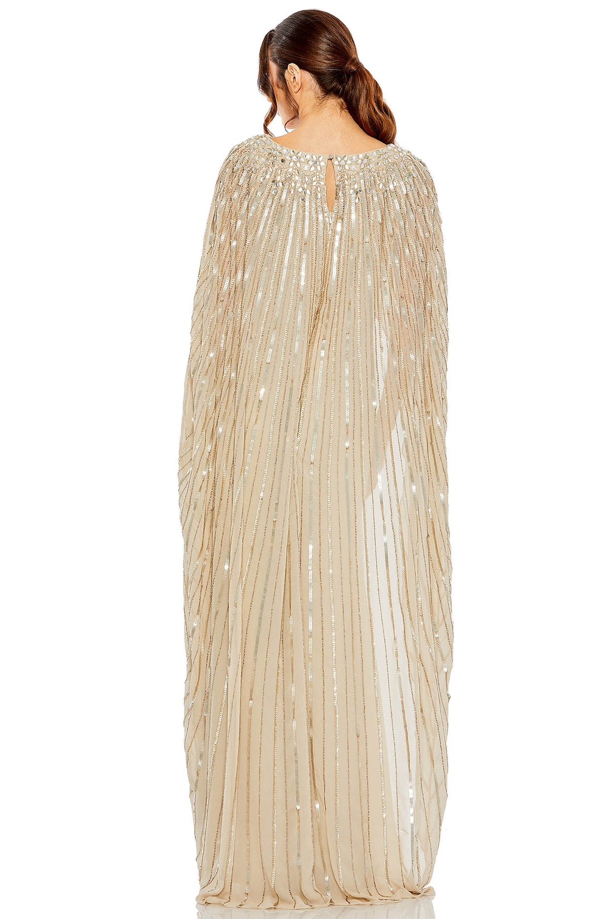 Champagne Mesh Embellished Cape Gown by Mac Duggal at Pernia's Pop Up Shop  2026