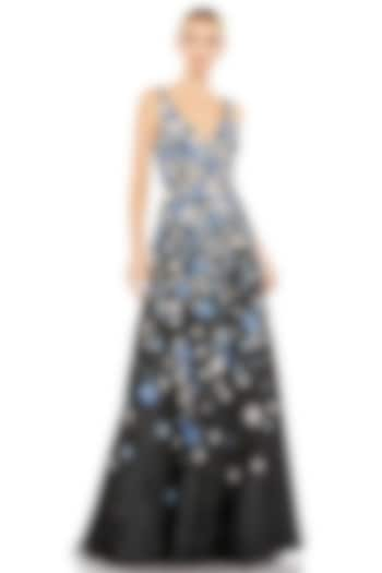 Black Tulle Floral Applique Embellished A-Line Gown by Mac Duggal at Pernia's Pop Up Shop